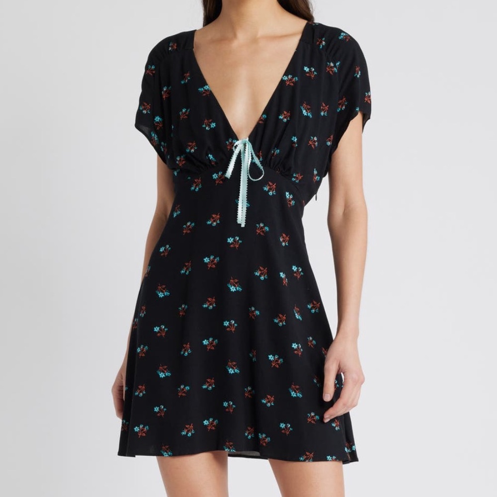 Free People Everybody’s Favorite Mini Dress Black & Blue Floral Combo Bow Detail